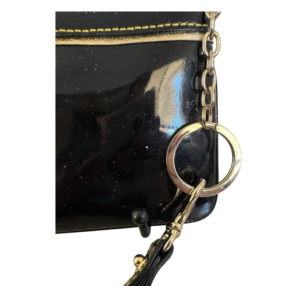 Dooney & Bourke Black Glitter‎ Patent Leather Wristlet Pouch Key Ring Coin Purse